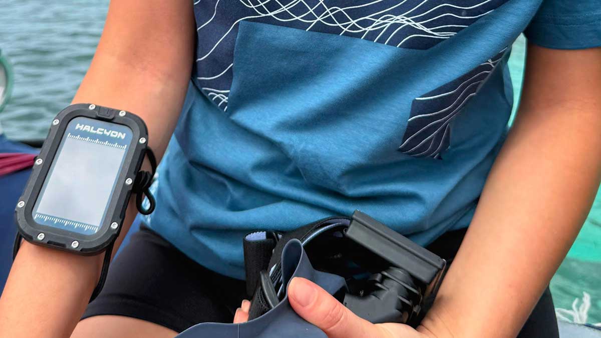 Halcyon blue handset computer being used