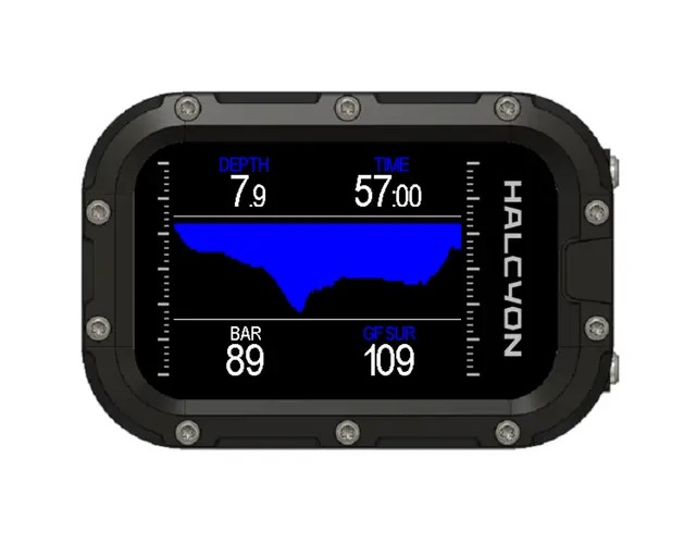 Halcyon handset computer display - depth, time, BAR and GF SUR