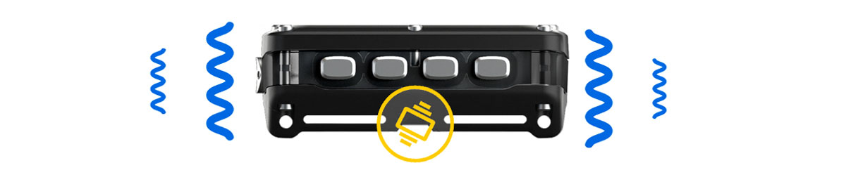 View of the top of the Ratio iX3M 2 TX Easy dive computer with visualisations of alarms and vibrations