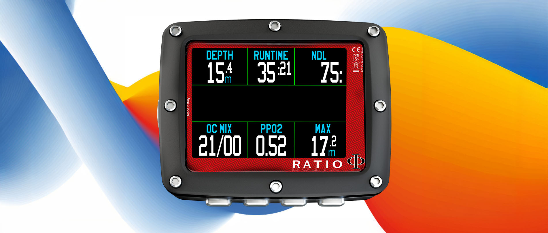 Ratio iX3M 2 TX Easy dive computer on a primary coloured abstract background